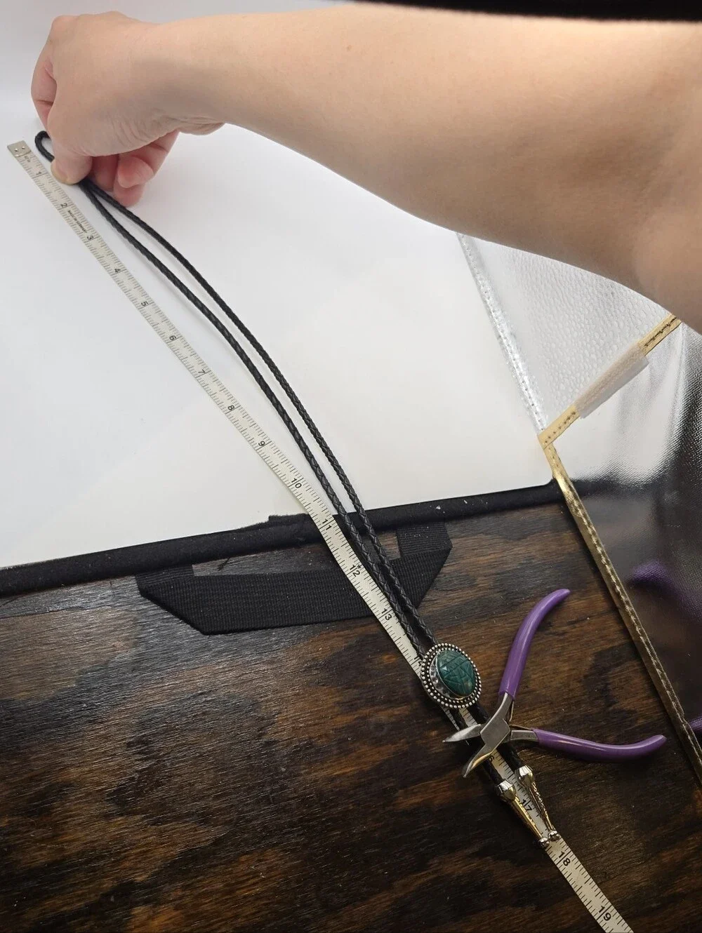 Silver Chrysocolla Scarab Western Bolo Tie Leather Braid Rockstar 70s Aesthetic